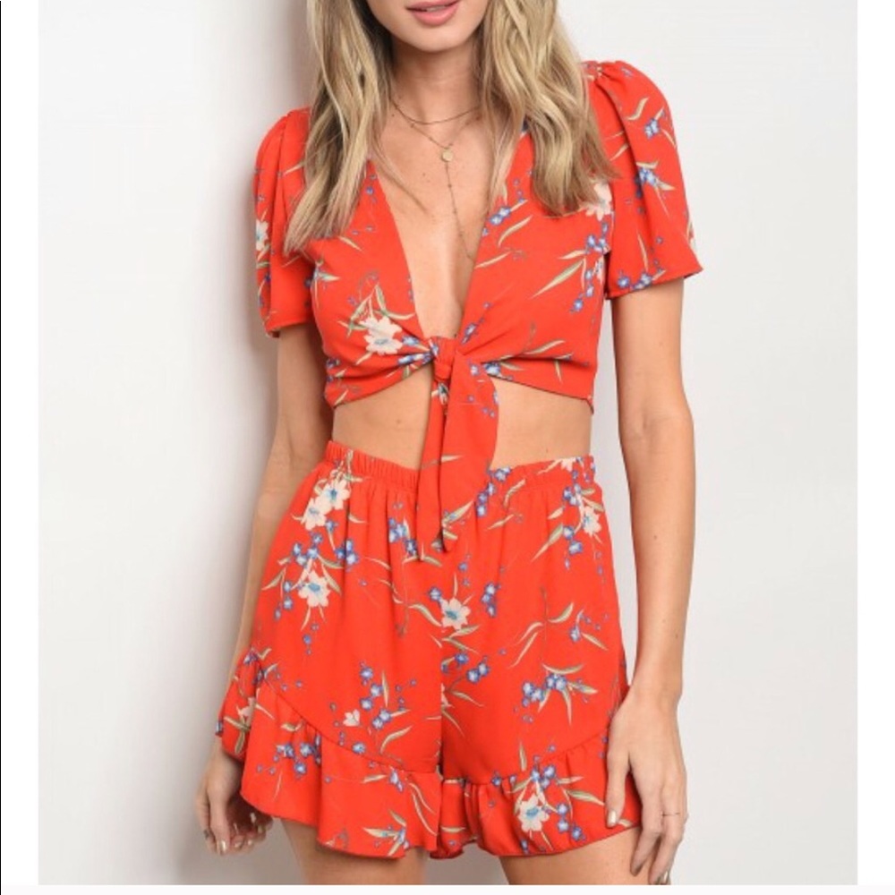 Red floral crop and shorts set
